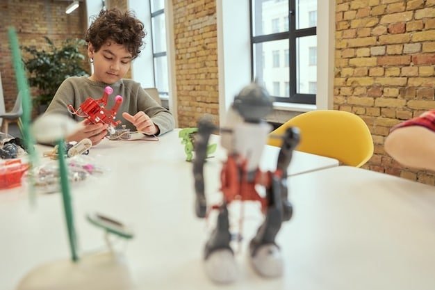 A young boy is intently focused on building a robot from a STEM kit on a table in a well-lit room. He is surrounded by various tools and components, indicating an engaging learning experience.