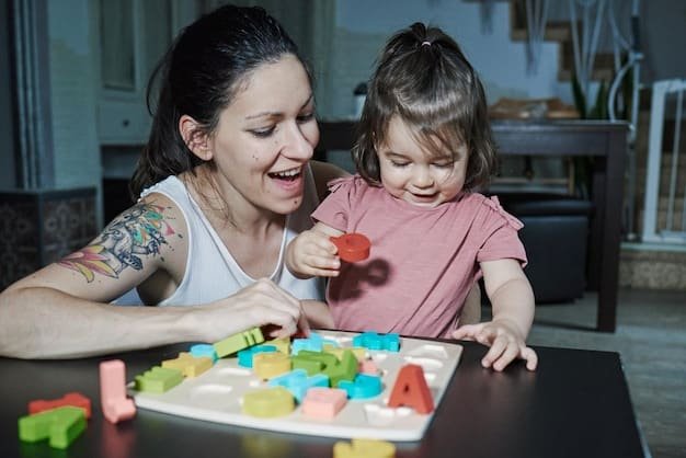 A parent and child are smiling and interacting warmly while playing with a wooden puzzle toy together. The puzzle features colorful shapes and letters, promoting early learning in a joyful setting.