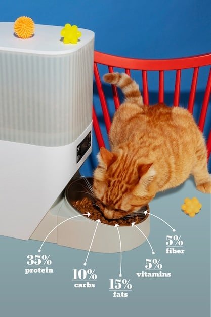 Close-up of a smart pet feeder with a digital display showing portion sizes and feeding times. A cat is patiently waiting nearby.
