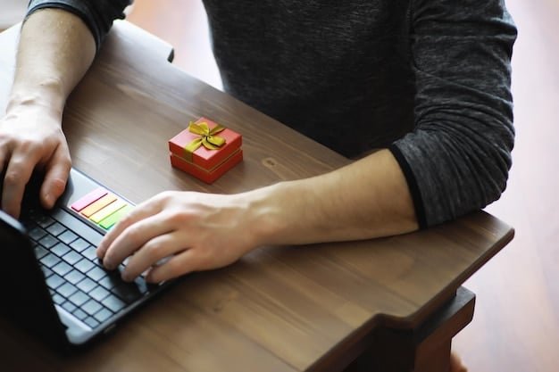 A person sitting at a desk with a laptop, surrounded by sticky notes with shopping lists and budget reminders. The screen shows various online shopping websites with Cyber Monday deals.