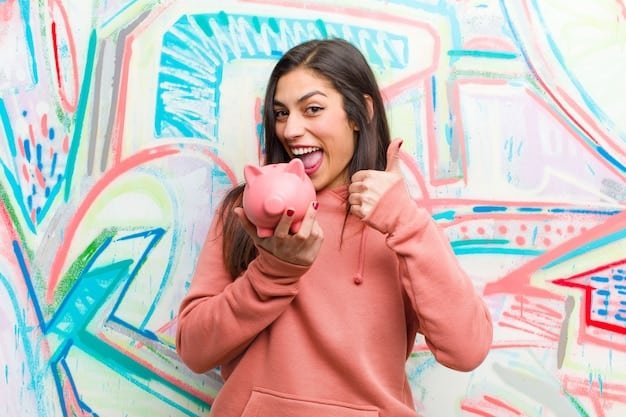 A person cheerfully placing money into a piggy bank, representing intentional saving. The image is colorful and evokes a sense of achievement.
