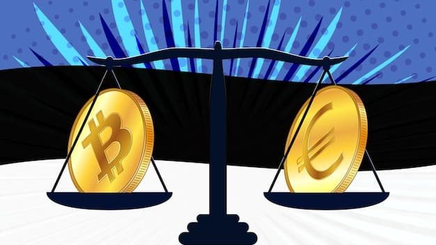 A balanced scale with cryptocurrency coins on one side and traditional dollar bills on the other, symbolizing the balance between risk and reward in digital dollar deals.