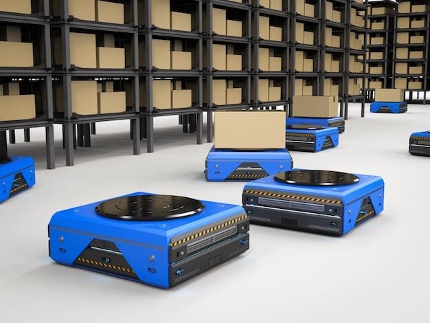 A brightly lit automated warehouse scene with robotic arms moving packages and sorting items, representing the efficiency of automated supply chains.