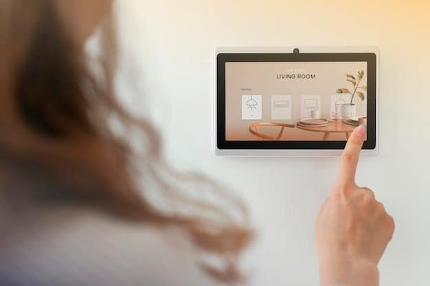 A close-up shot of a smart thermostat being adjusted, highlighting its digital display and user-friendly interface. The background shows a blurred view of a modern living room, indicating its domestic context.