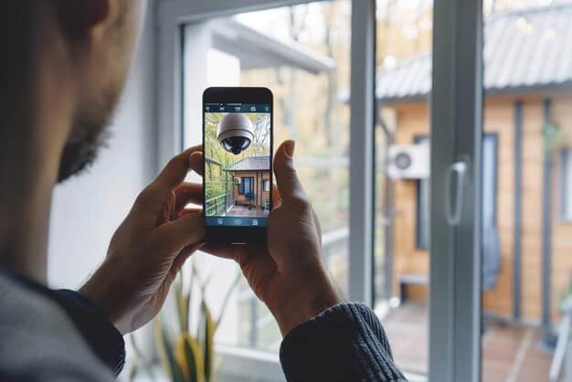 A person using a smartphone app to view live footage from a smart security camera installed outside their front door. The app interface is clean and intuitive, showing real-time video and control options.