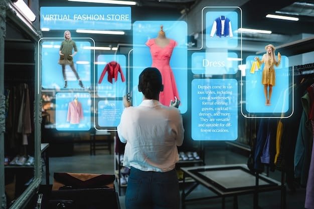 A screenshot from a Metaverse shopping experience, showing avatars trying on various clothing items in a virtual boutique. The interface includes options for customization and detailed product information.