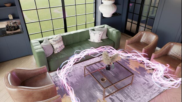 A detailed 3D rendering of a virtual furniture showroom in the Metaverse, showcasing various pieces of furniture arranged in a realistic home setting. Avatars are seen interacting with the products.