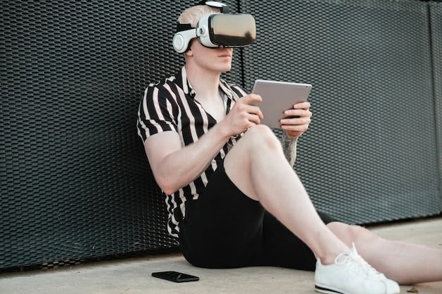 A user wearing AR glasses and interacting with a holographic interface on their 5G smartphone, set against a backdrop of a modern, smart home environment.