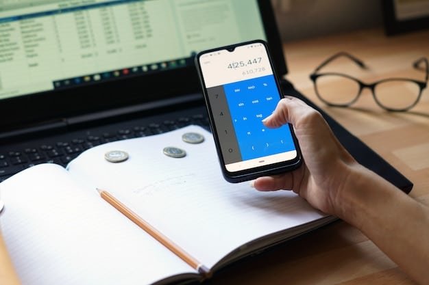 A close-up shot of a smartphone displaying a banking app interface. The screen shows an overview of different accounts, including savings, checking, and investment accounts. Financial data and charts are also visible.