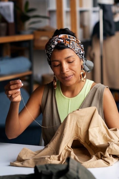 A close-up shot of a garment worker in a fair-trade certified factory, smiling while operating a sewing machine. The factory should appear clean, well-lit, and organized.