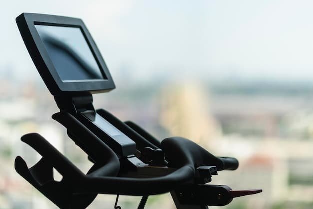 A high-tech stationary bike with a large interactive display showing a virtual cycling route, heart rate monitoring, and personalized workout recommendations powered by AI.