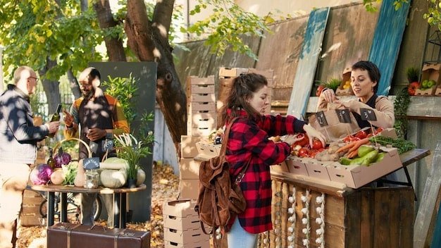 A bustling town square filled with people enjoying a local farmers market. Vendors are showcasing fresh produce, handmade crafts, and artisanal goods. Food trucks are parked along the side, offering samples and special deals. Balloons and festive decorations add to the lively atmosphere.