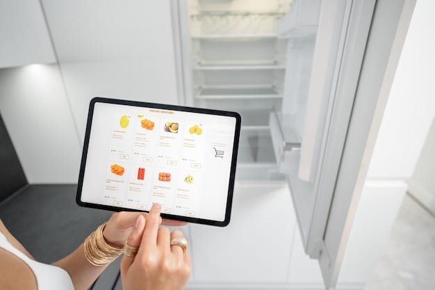 The interior of a smart refrigerator, showcasing organized shelves and compartments. A touch screen display on the door shows a list of available ingredients and recipe suggestions. Cameras inside the refrigerator provide a live view of the contents.