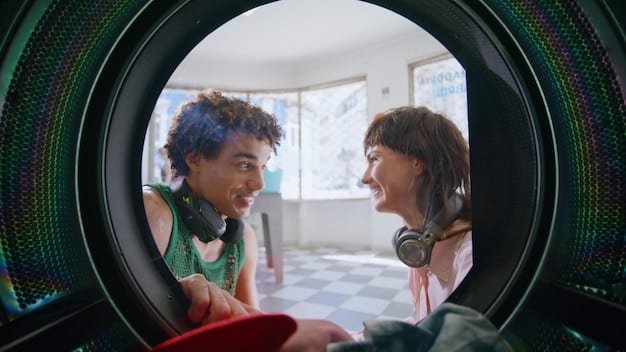 A split-screen image. On the left, a traditional washing machine with high energy consumption. On the right, a modern, energy-efficient washing machine with an Energy Star label, highlighting the difference in energy usage.