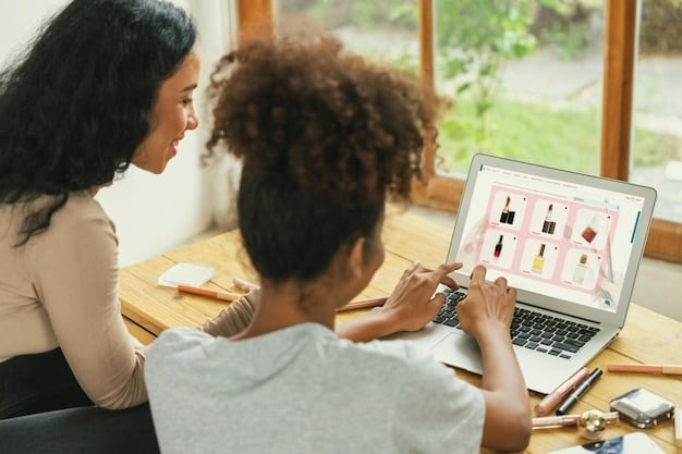 A split-screen image showing online shopping on a laptop on one side and a person browsing through products in a physical store on the other side.
