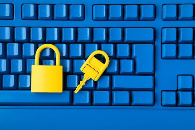 A close-up of a keyboard with a padlock icon superimposed on the enter key, emphasizing the importance of secure passwords.