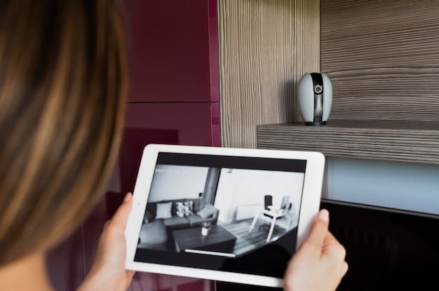 A close-up of a smart home hub controlling various security devices, such as cameras, door locks, and sensors, illustrating the integration and control capabilities of modern smart home security systems.