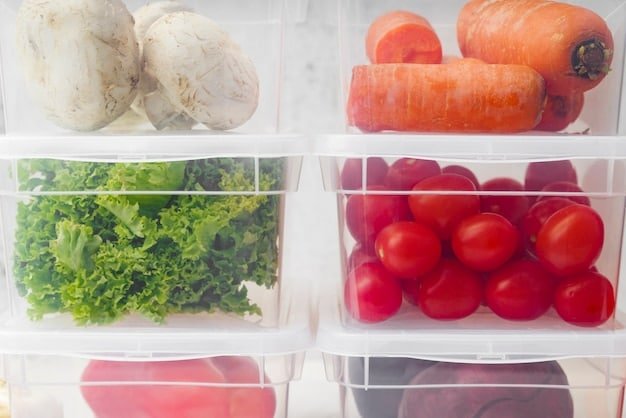 A well-organized refrigerator with various food items stored in clear containers and labeled with dates. The produce drawers are filled with fresh fruits and vegetables.